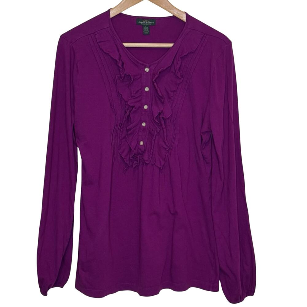 Purple Lauren Jeans Co Ruffle Front 100% Cotton Henley Blouse Size Large